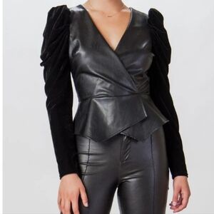 Faux Leather-Velvet Peplum Top w/ Rear Zipper Size Small